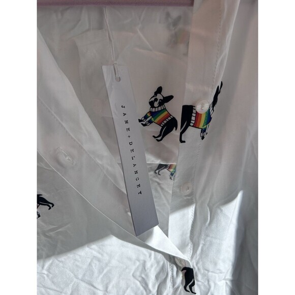 Jane + Delancey Bulldog Shirt White W/ French Bulldogs Large Rayon - Picture 5 of 5